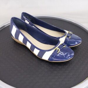 Solesenseability Ballet Flats Women 8.5 Navy Blue White Striped Patent Buckle